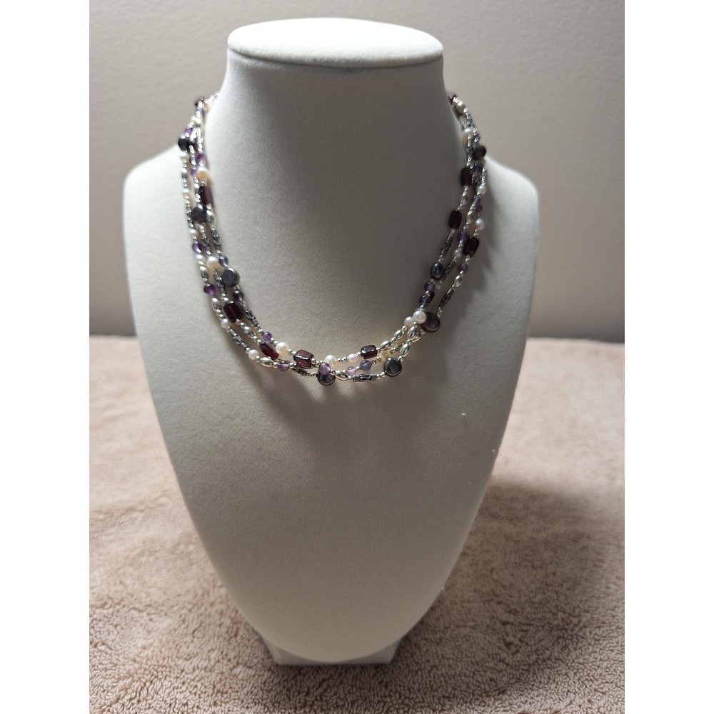 Torsade necklace amethyst sky blue topaz pearls sterling silver 16 inches